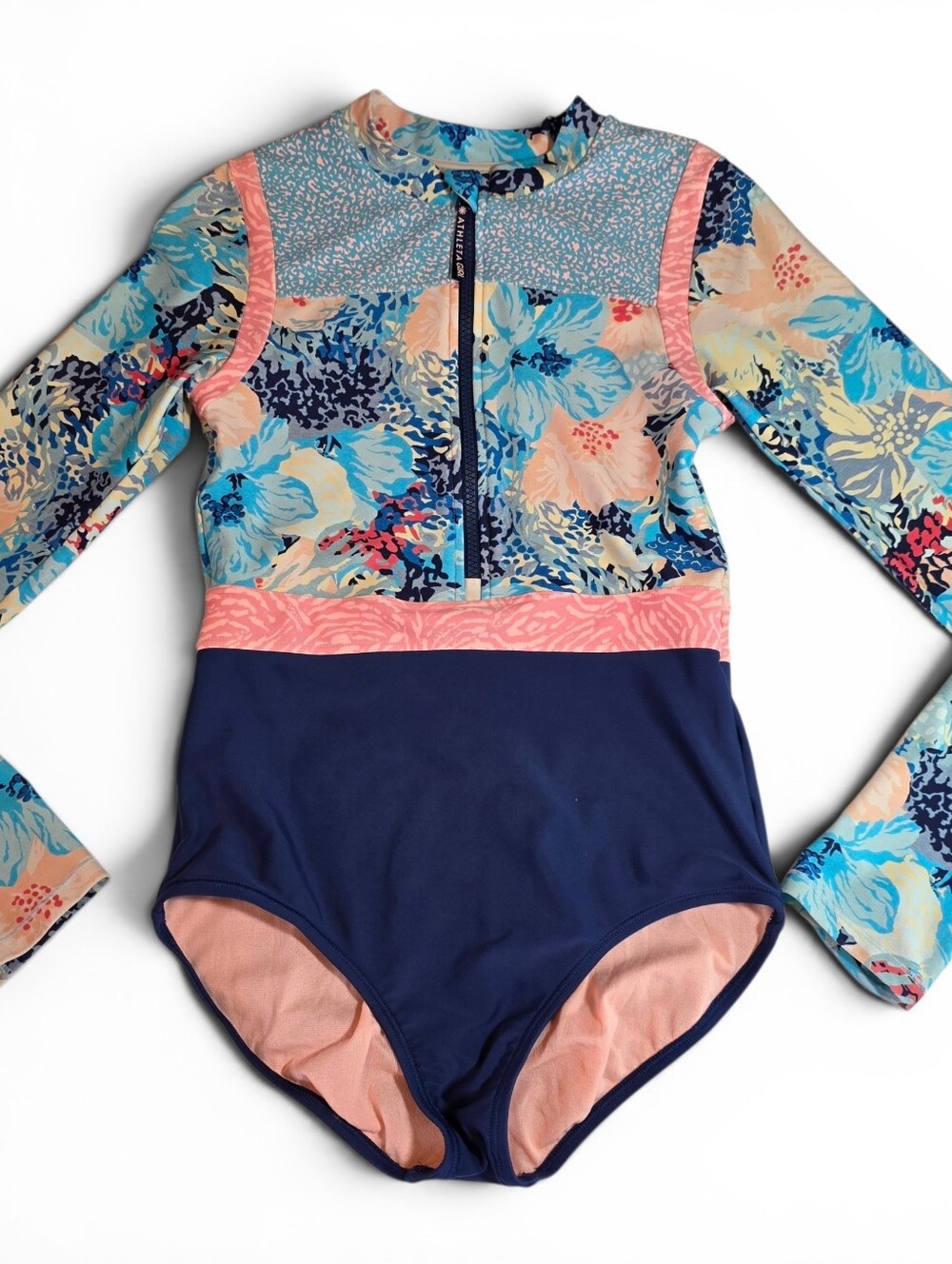 Athleta Girls' Long Sleeve Floral Navy Pink One Piece Rashguard Swimsuit XL 14